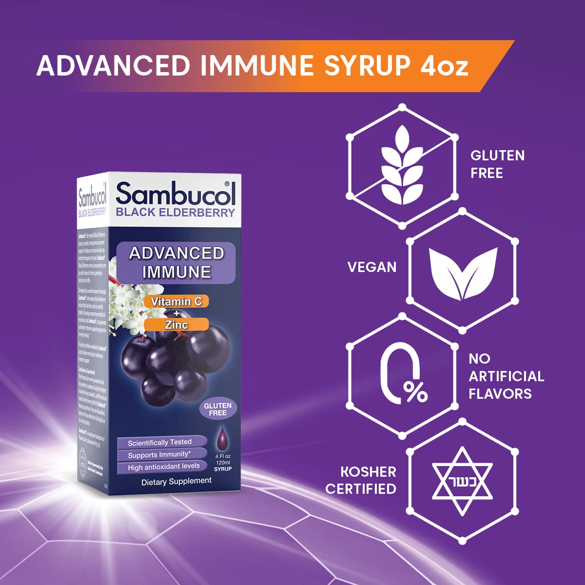 Sambucol Advanced Black Elderberry Syrup with Zinc and Vitamin C - 4 Fl Oz Bottle for Adults