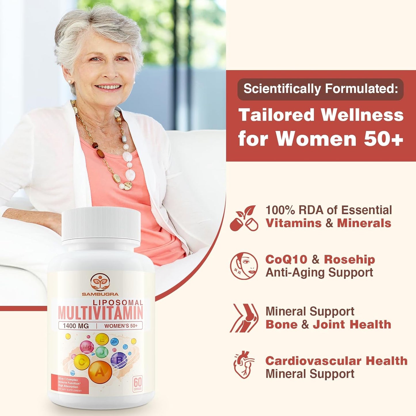 Sambugra Liposomal Multivitamin for Women 50+ - 32 Ingredient Women's Daily Multivitamin with CoQ10, Vitamins C, B, D, E - Cardiovascular & Bone Health - Iron-Free (120 Capsules)