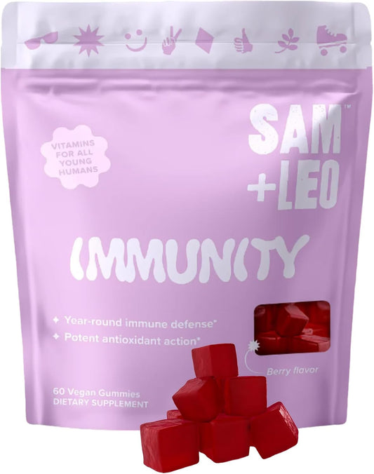 SAM+LEO Kids & Teens Immunity Gummies - Vegan All Natural Immune Support with Echinacea, Vitamin C, D3, Propolis, Elderberry - Berry Flavor - 60 Count