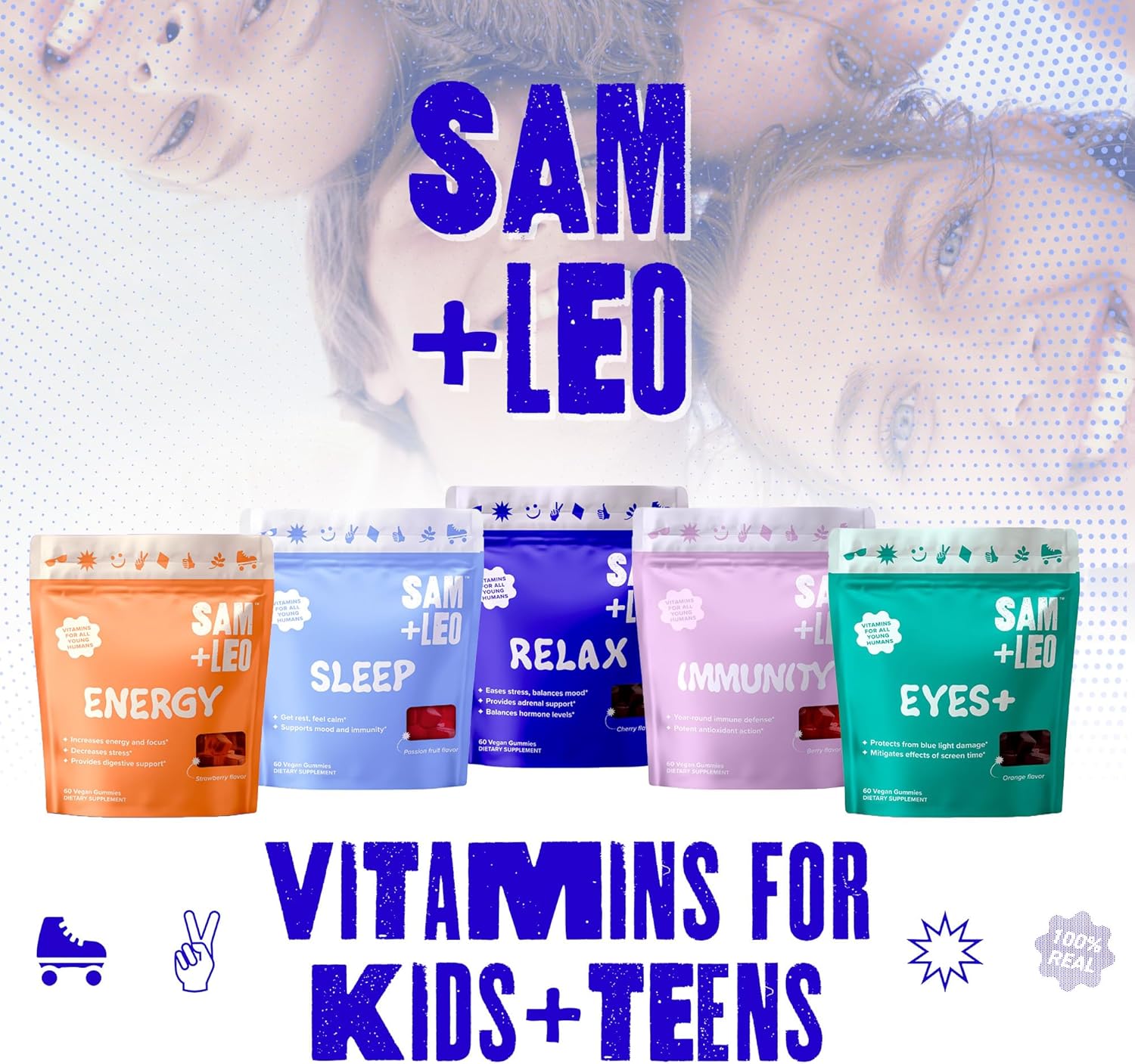 SAM+LEO Kids & Teens Immunity Gummies - Vegan All Natural Immune Support with Echinacea, Vitamin C, D3, Propolis, Elderberry - Berry Flavor - 60 Count