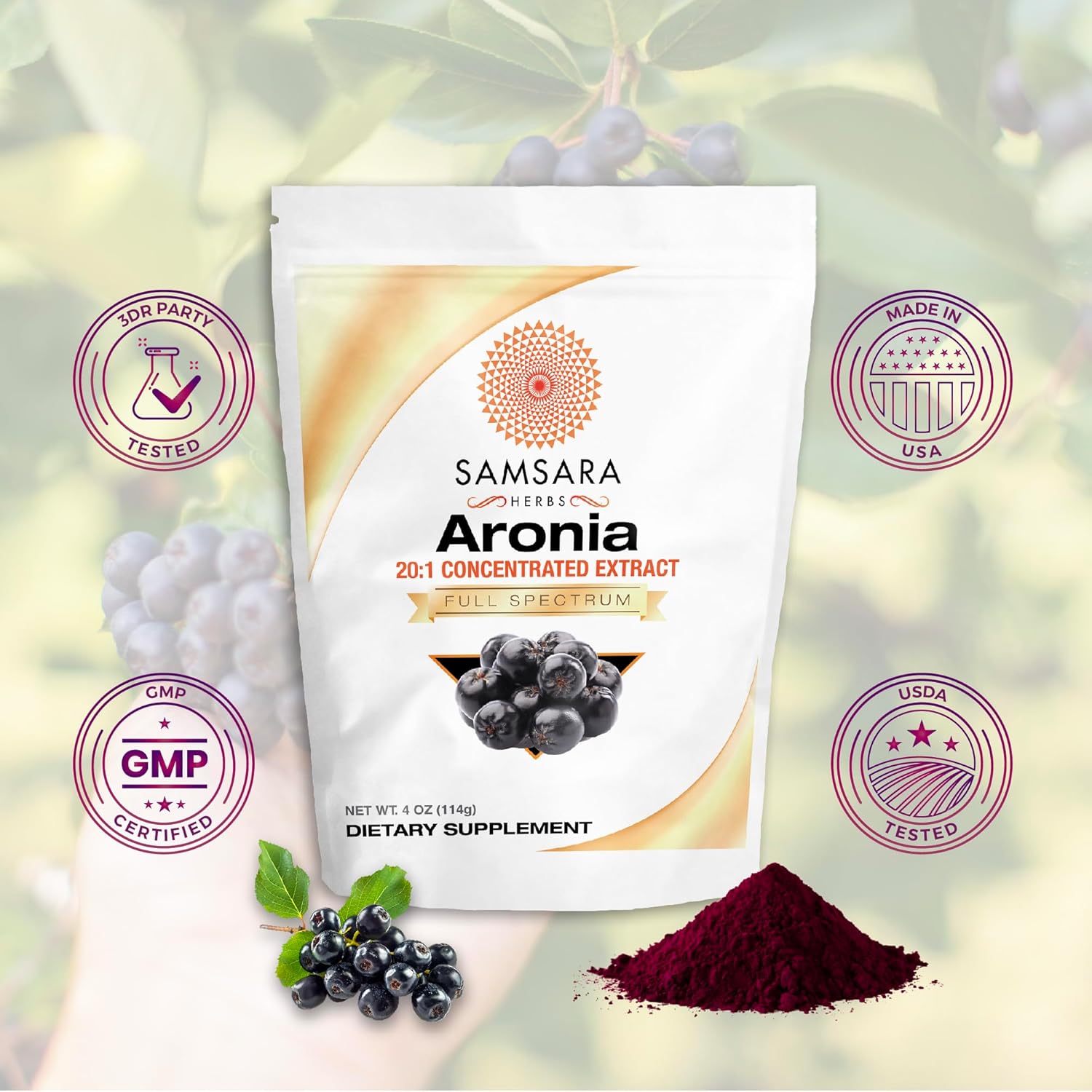 Samsara Herbs Aronia Berry Extract Powder - High Antioxidant Supplement with Flavonoids and Polyphenols for Improved Wellbeing - 4oz