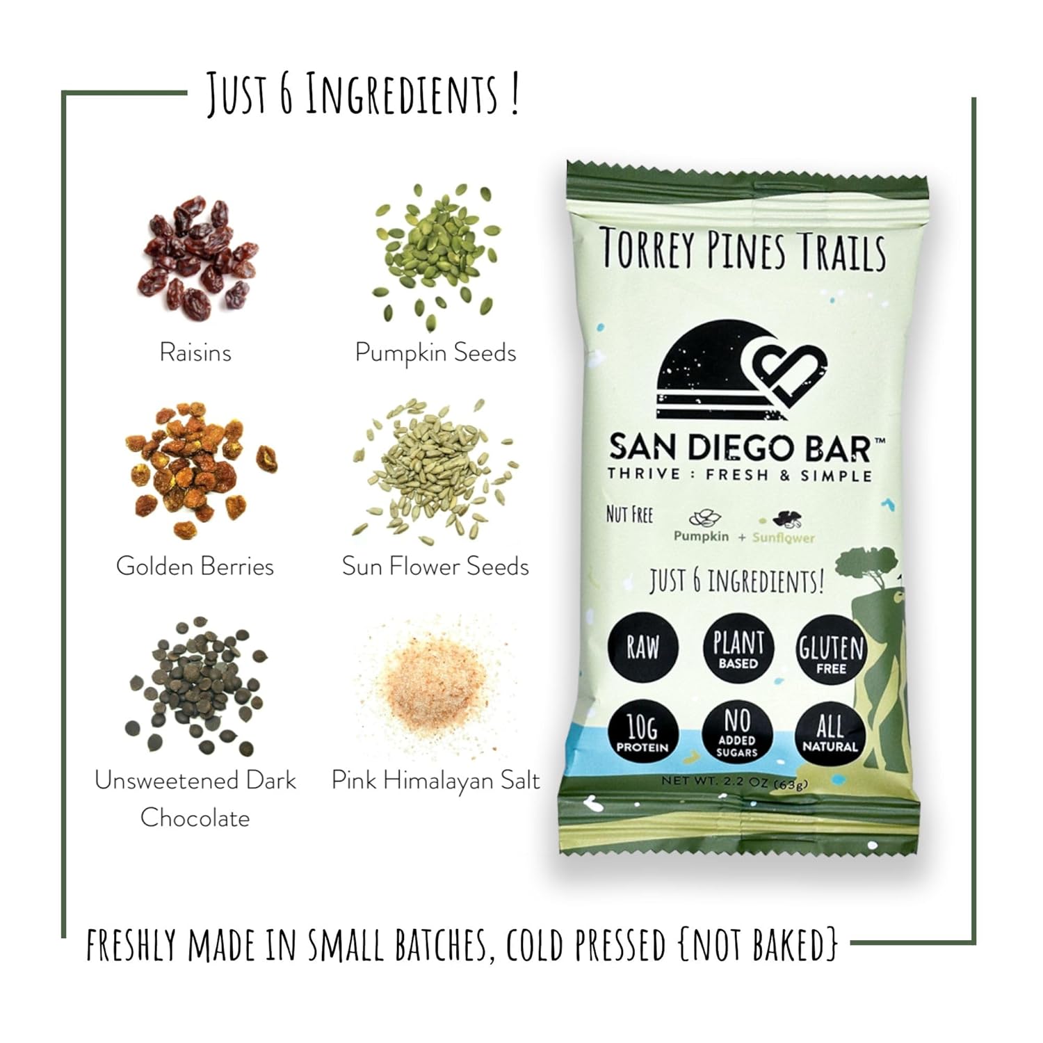 San Diego Bar-Torrey Pines Trails Vegan Protein Bars with Pumpkin and Sun Flower Seeds - Gluten and Sugar Free, Breakfast, Energy, and Snack Bars with 6 Whole Food Ingredients