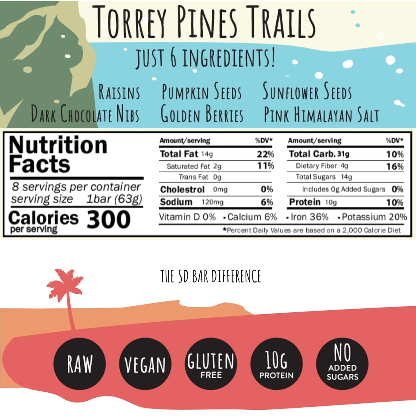 San Diego Bar-Torrey Pines Trails Vegan Protein Bars with Pumpkin and Sun Flower Seeds - Gluten and Sugar Free, Breakfast, Energy, and Snack Bars with 6 Whole Food Ingredients