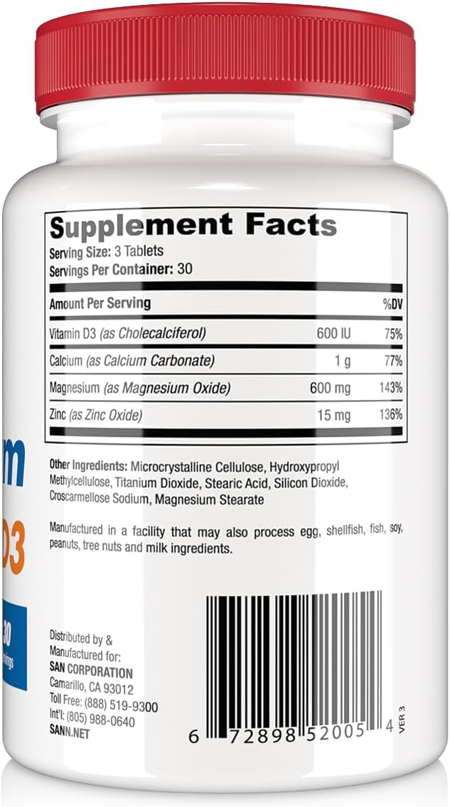 SAN Nutrition Calcium Magnesium Zinc D3 Supplement for Bone Health & Immune Support, 30 Servings