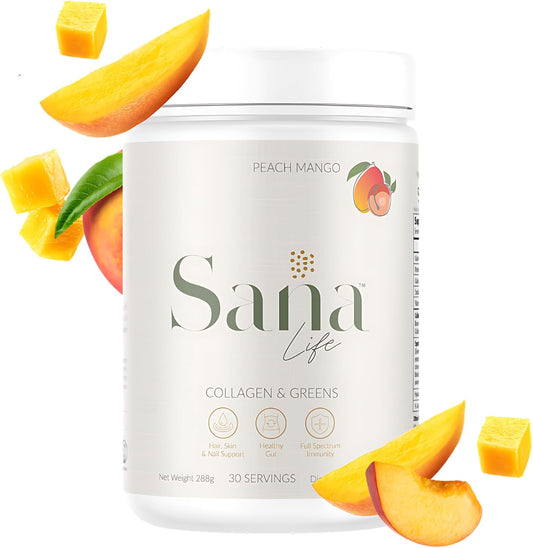 Sana Life Collagen & Greens Powder with Hyaluronic Acid - Skin, Hair, Nail & Gut Health Support - 30 Servings (Peach Mango)
