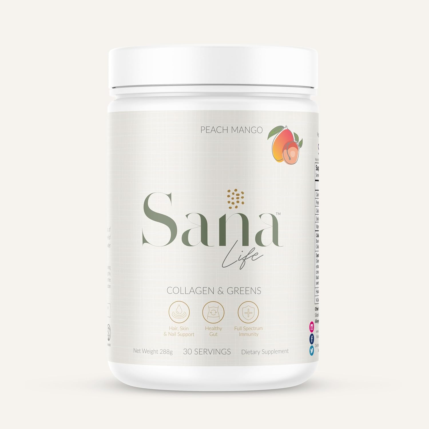 Sana Life Collagen & Greens Powder with Hyaluronic Acid - Skin, Hair, Nail & Gut Health Support - 30 Servings (Peach Mango)