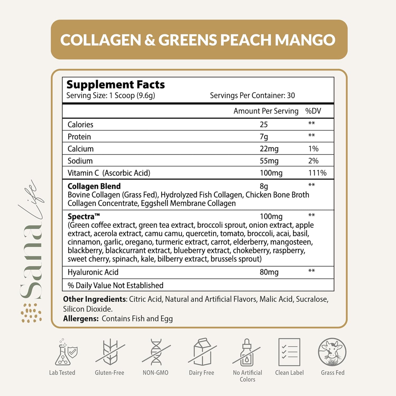 Sana Life Collagen & Greens Powder with Hyaluronic Acid - Skin, Hair, Nail & Gut Health Support - 30 Servings (Peach Mango)