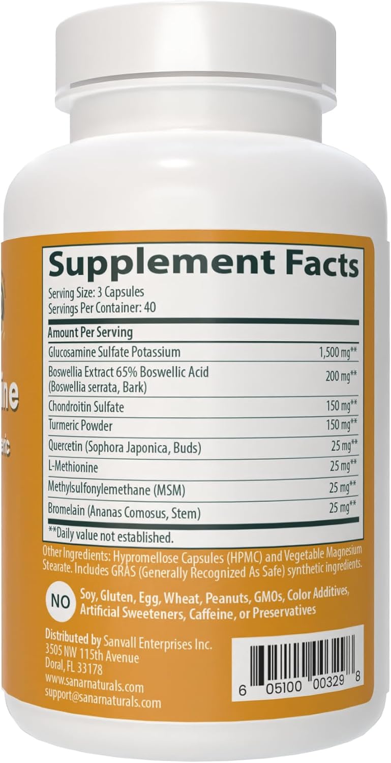 Sanar Naturals Joint Support Supplement with Glucosamine, Chondroitin, MSM, and Turmeric - Non-GMO, Gluten Free - 120 Capsules for Knees, Back, Hands, Body
