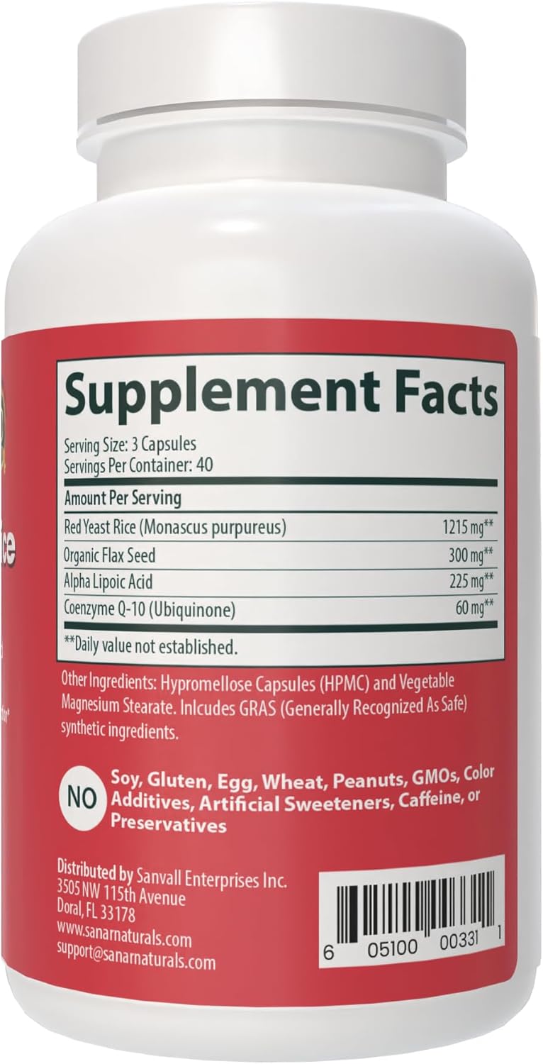 Sanar Naturals Red Yeast Rice and CoQ10 Supplement for Heart Health - Energy Boost, Stamina Support - Non-GMO, Gluten Free, Vegan - 120 Capsules