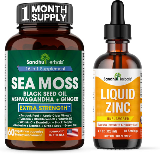 Sandhu Herbals Sea Moss Capsules & Liquid Zinc Drops - Supplement for Men & Women - Made in USA