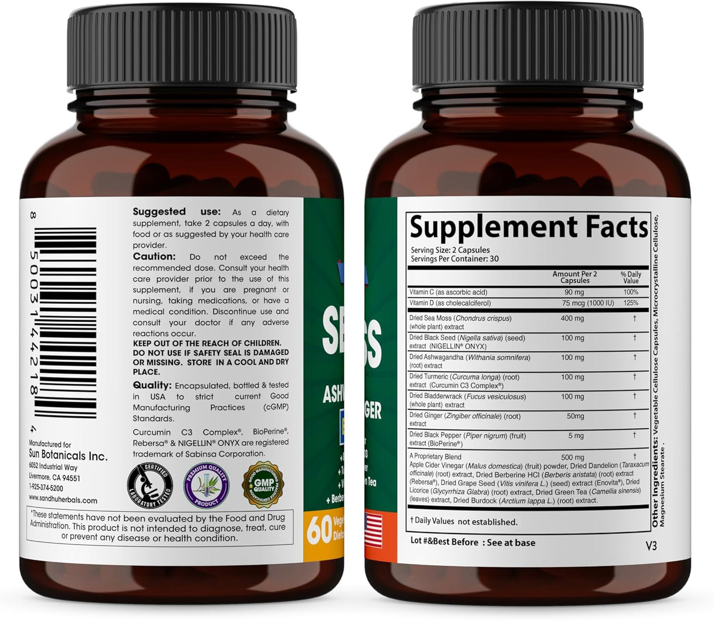 Sandhu Herbals Sea Moss Capsules & Liquid Zinc Drops - Supplement for Men & Women - Made in USA