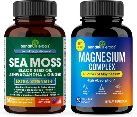 Sandhu Herbals Sea Moss & Magnesium Supplement Combo - 6 in 1 Complex for Immune, Digestive Health & Sleep