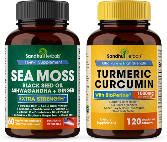 Sandhu Herbals Seamoss & Turmeric Curcumin Capsules with Bioperine - Immune, Digestive, Cognitive, Skin & Hair Support
