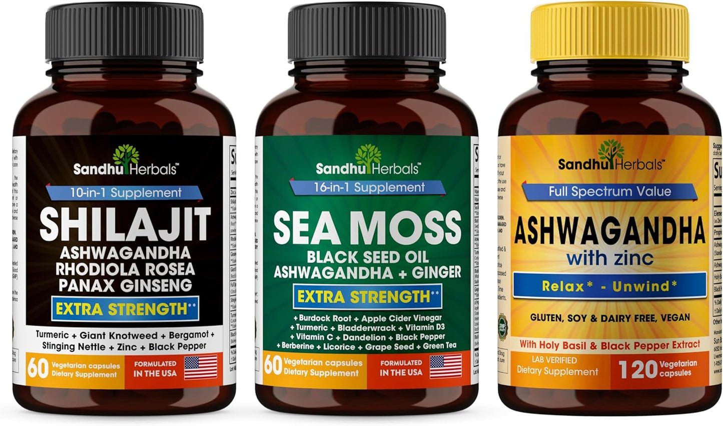 Sandhu Herbals Shilajit, Sea Moss & Ashwagandha Trio Bundle for Immune, Digestive Health & Wellness - Men & Women's Supplement for Restful Sleep