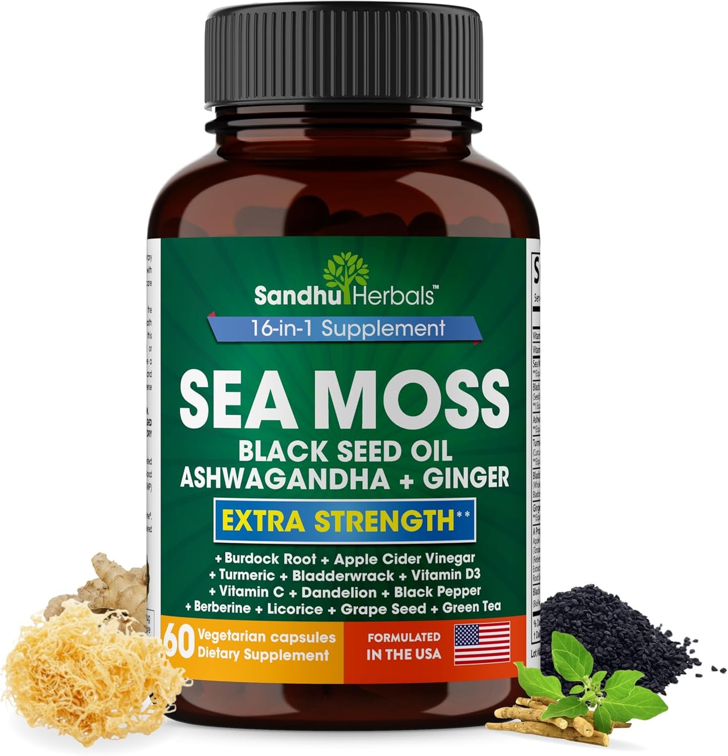 Sandhu Herbals Superfood Bundle - Sea Moss, Shilajit, Black Seed Oil, Ashwagandha, Ginger, Rhodiola Rosea, Panax Ginseng, Stinging Nettle - Natural Herbal Supplements