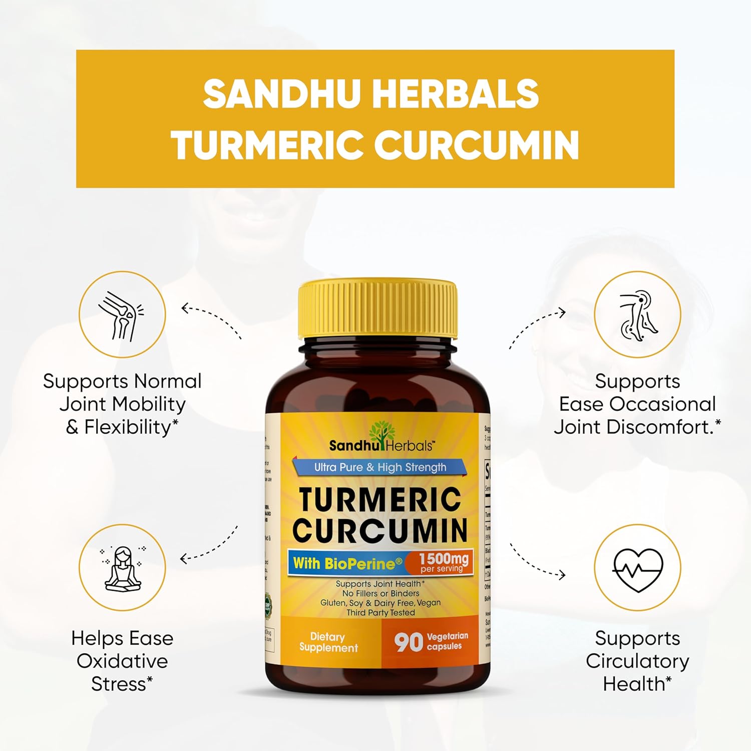 Sandhu Herbals Turmeric Curcumin Supplement - 90 Capsules, 1500mg with 95% Curcuminoids - Immune & Joint Support for 30 Days