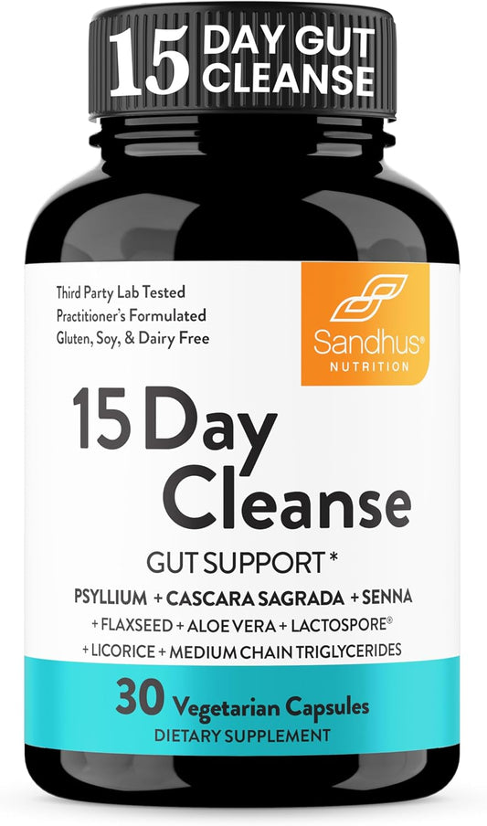 Sandhu's 15 Day Gut Cleanse Colon Detox Capsules for Women & Men - Supports Digestive Health, Colon Cleansing with Senna, Cascara Sagrada, Psyllium Husk & Probiotics - 30 Capsules, 15 Days Supply