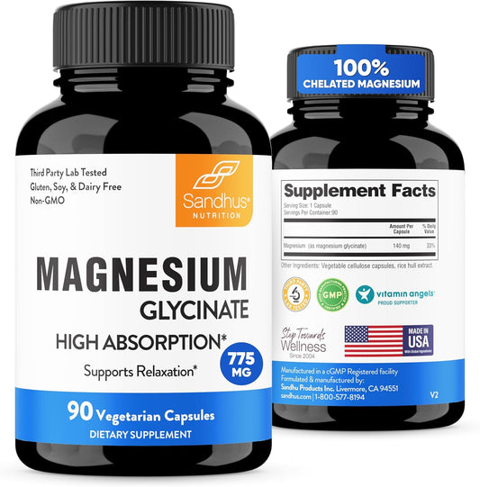 Sandhu's 775mg Magnesium Glycinate Capsules - 90 Count - Supports Sleep & Health - Non GMO & Gluten Free