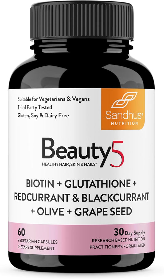 Sandhu's Beauty5 Capsules - 60 Vegetarian Capsules for Hair, Skin, and Nail Health - Supports Collagen Synthesis - Keto and Vegan Friendly