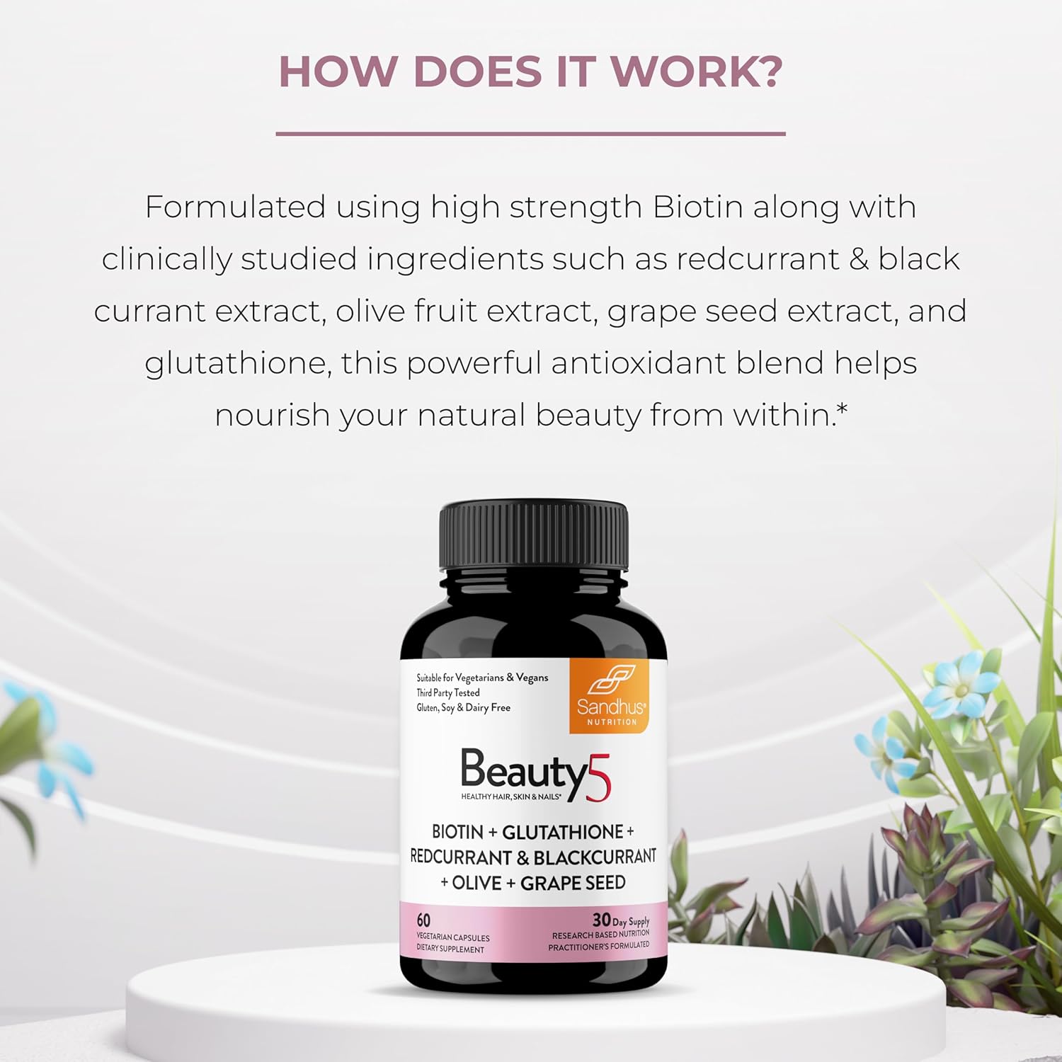 Sandhu's Beauty5 Capsules - 60 Vegetarian Capsules for Hair, Skin, and Nail Health - Supports Collagen Synthesis - Keto and Vegan Friendly