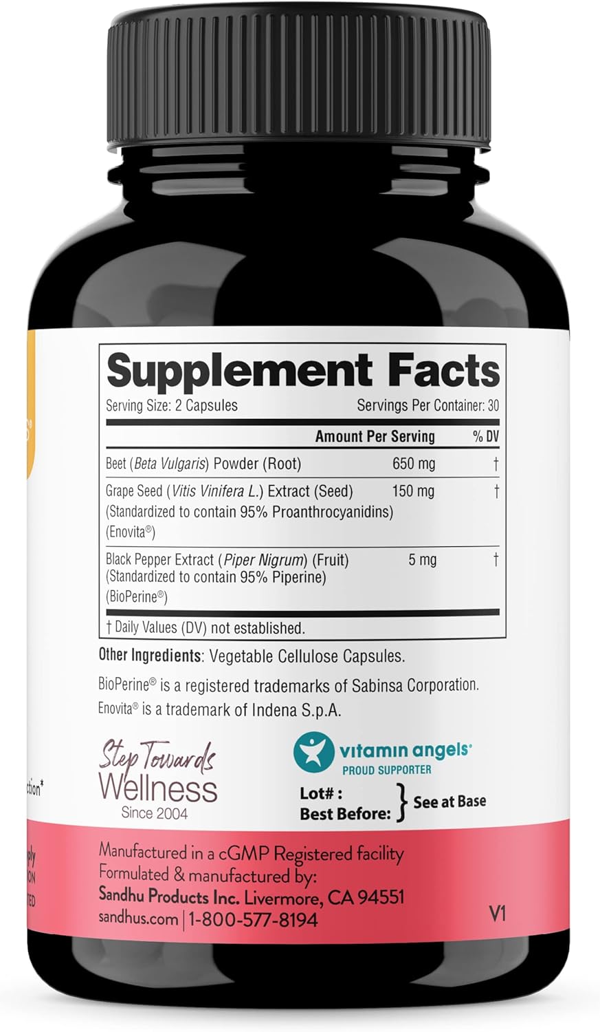 Sandhu's Beet Root Powder Capsules with Bioperine for Enhanced Absorption | Antioxidant-Rich Formula with Grape Seed Extract | 60 Capsules, Made in USA
