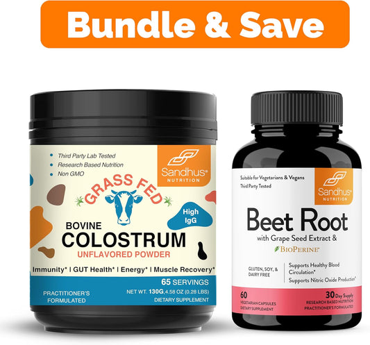 Sandhu's Bovine Colostrum & Beet Root Powder Capsules with Bioperine | Boosts Immune System, Gut Health & Energy Levels
