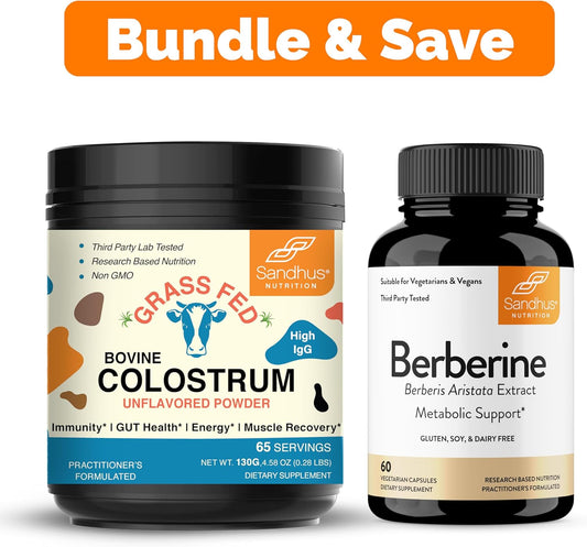 Sandhu's Bovine Colostrum Powder & Berberine HCL Supplement Combo for Immune, Gut & Muscle Support - Non-GMO Formula with Healthy Energy Boost
