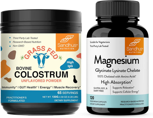 Sandhu's Bovine Colostrum Powder & Magnesium Glycinate Lysinate Capsules - Supports Gut, Immune Health, and Sleep