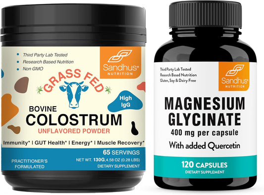 Sandhu's Colostrum Powder and Magnesium Glycinate Complex Capsules - Promotes Gut Health, Immunity, and Better Sleep