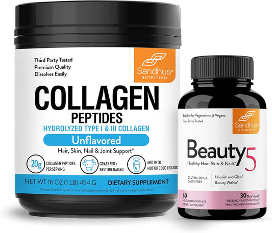 Sandhu's Grass-Fed Collagen Powder & Capsules for Skin, Hair, Nail Health | Beauty Supplements with 5 Capsules