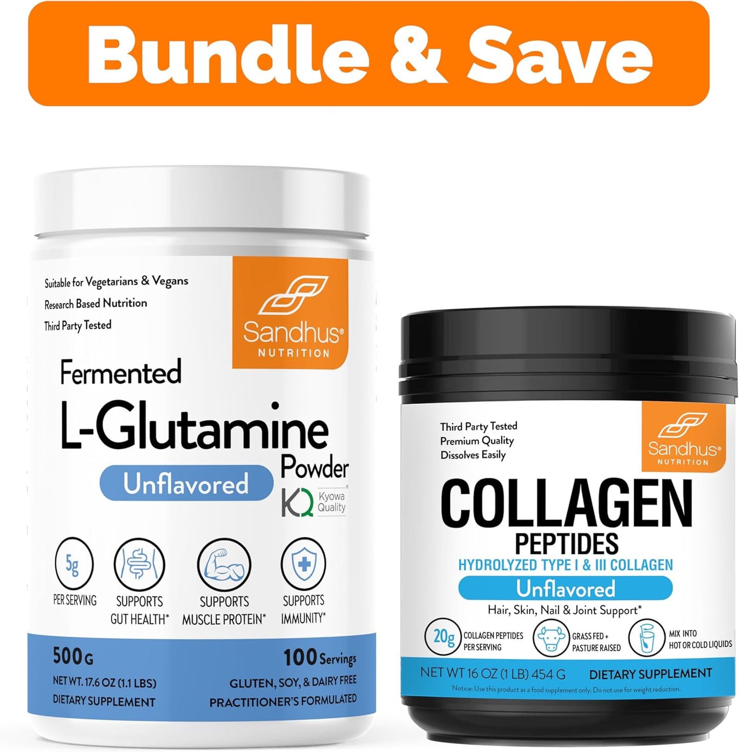 Sandhu's L-Glutamine & Collagen Peptides Powder Bundle | 100 Servings, 500g, Supports Muscle & Gut Health, Youthful Skin & Joints