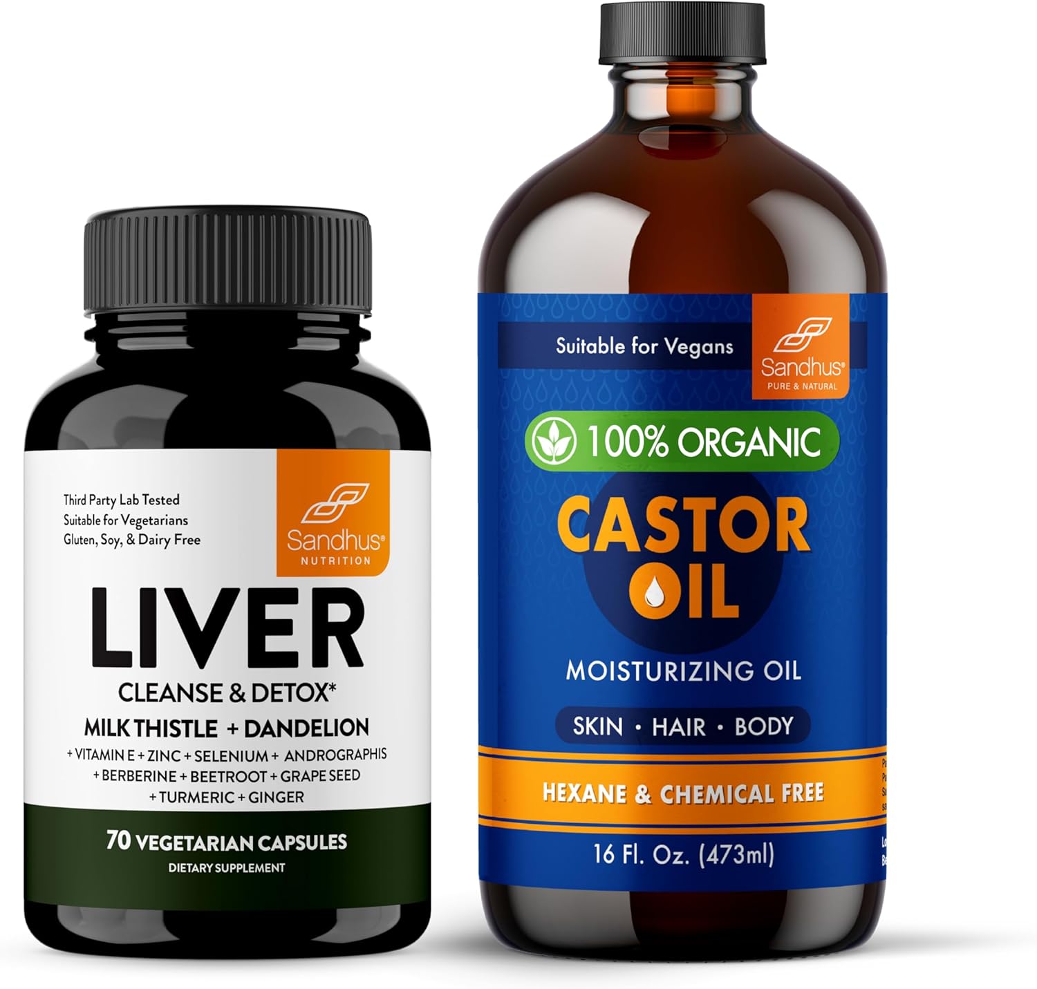 Sandhu's Liver Renew Cleanse & Castor Oil Combo - 100% Organic, 16 fl. Oz - Promotes Liver, Body, Eyelashes, Hair, and Skin Health