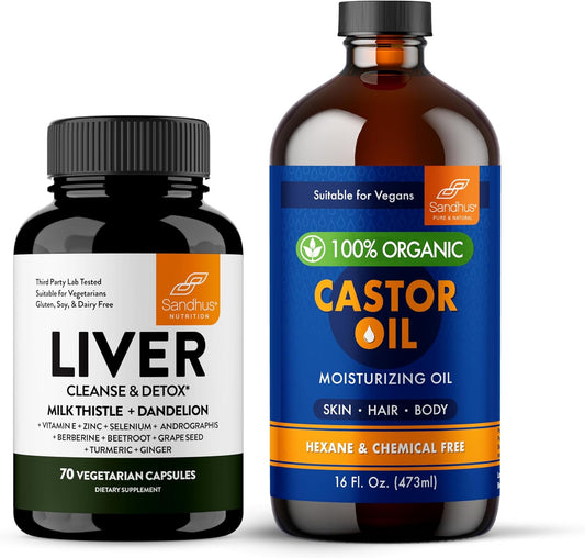 Sandhu's Liver Renew Cleanse & Castor Oil Combo - 100% Organic, 16 fl. Oz - Promotes Liver, Body, Eyelashes, Hair, and Skin Health