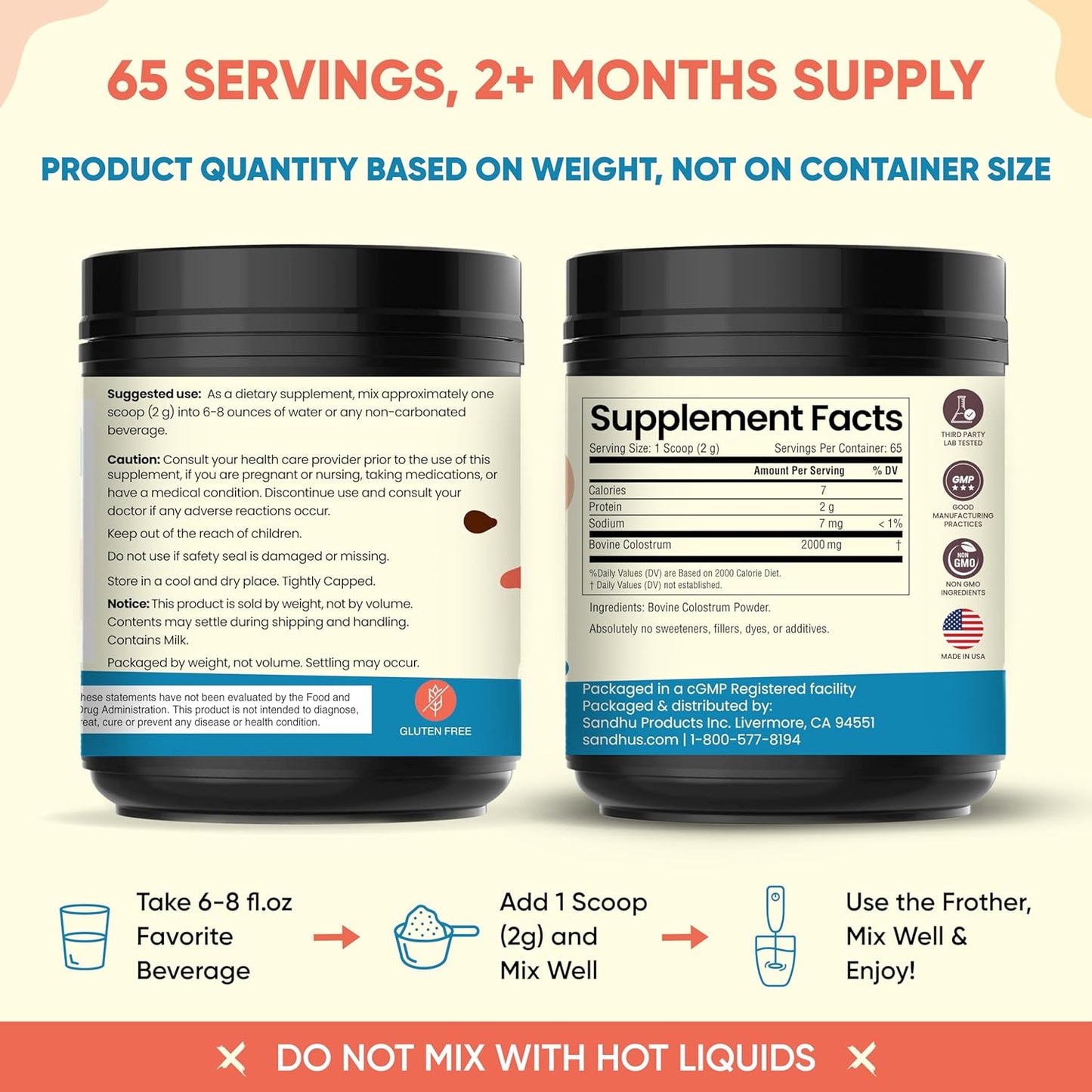 Sandhu's Pure Bovine Colostrum Powder Supplement: Immune, Gut, Muscle, Hair, Skin & Nail Support - Non-GMO Vegan Capsules for Health