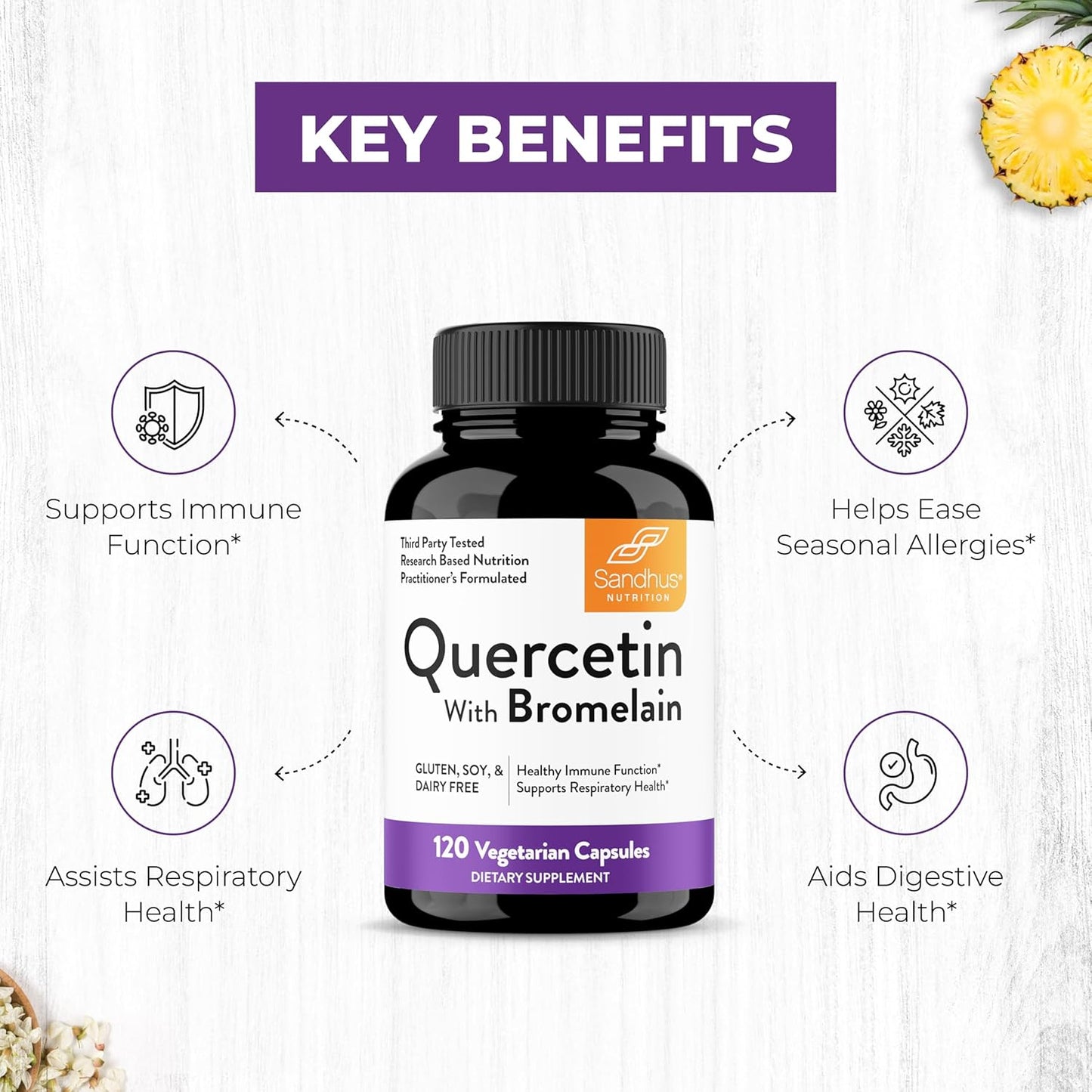 Sandhu's Quercetin with Bromelain 1000mg 120 Count Vegetarian Capsules - Pack of 3, Bioflavonoids Supplement for Immune & Respiratory Support