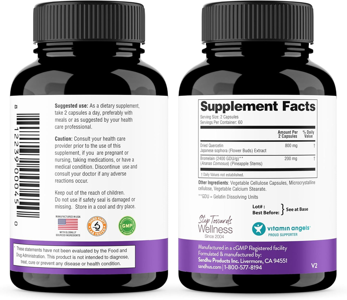 Sandhu's Vegetarian Quercetin with Bromelain Capsules - 1000mg, 240 Count, Immune & Respiratory Support Bioflavonoids Supplement