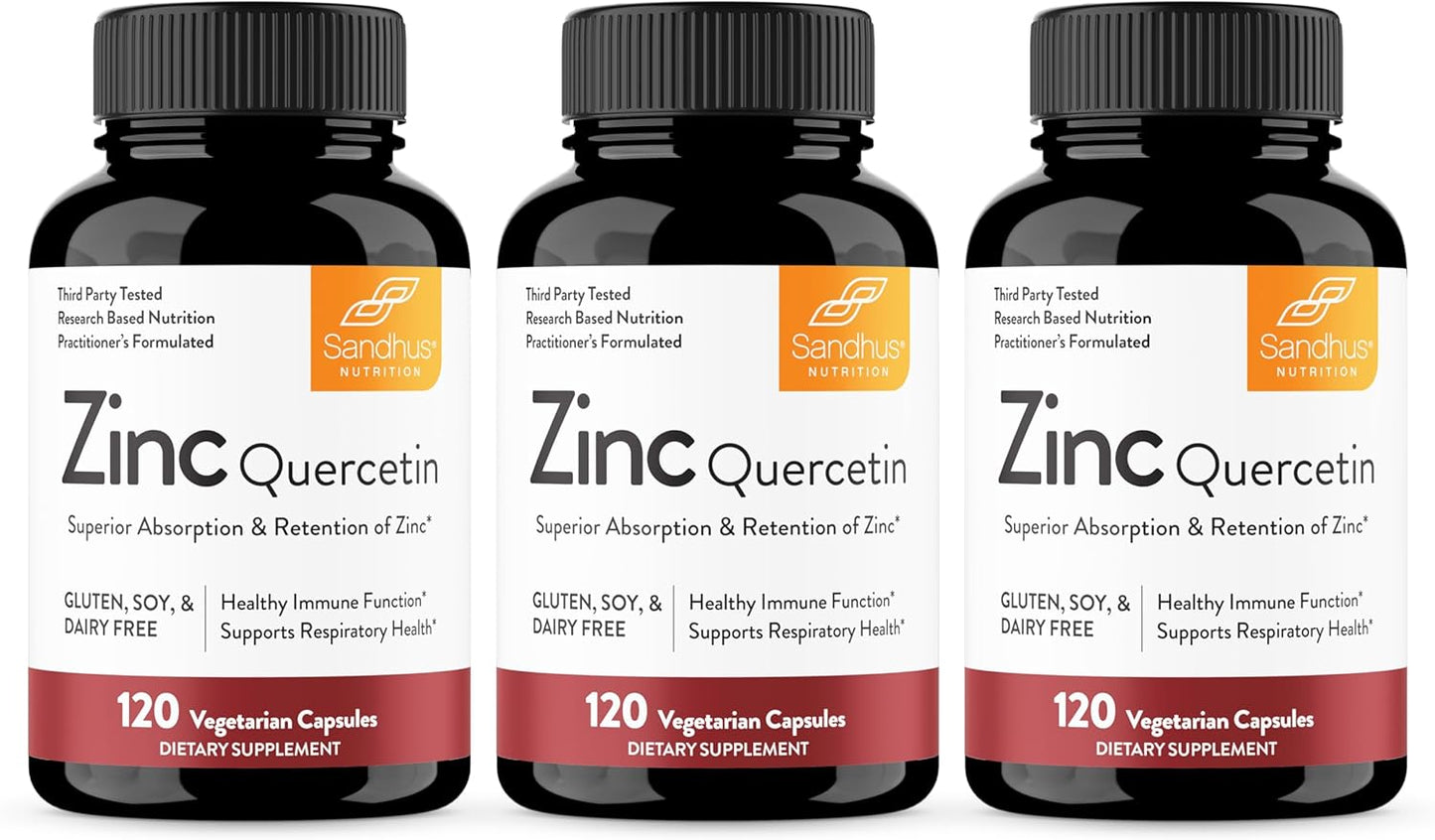 Sandhu's Zinc Quercetin Capsules - 120 Vegetarian Capsules (Pack of 3) - Antioxidant Immune Support for Men and Women