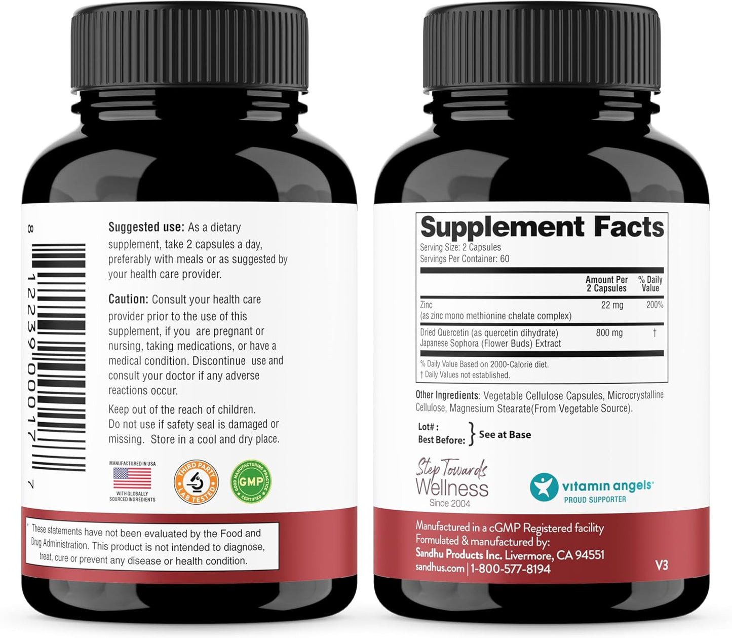 Sandhu's Zinc Quercetin Capsules - 120 Vegetarian Capsules (Pack of 3) - Antioxidant Immune Support for Men and Women