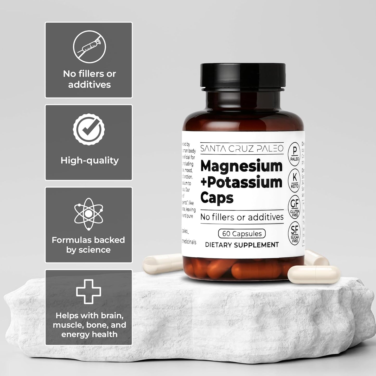 Santa Cruz Paleo Magnesium Potassium Capsules: Supports Overall Health, Brain, Muscle, Bone, and Energy - Gluten Free, Keto, Sugar Free - 60 Capsules