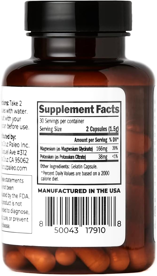 Santa Cruz Paleo Magnesium Potassium Capsules: Supports Overall Health, Brain, Muscle, Bone, and Energy - Gluten Free, Keto, Sugar Free - 60 Capsules