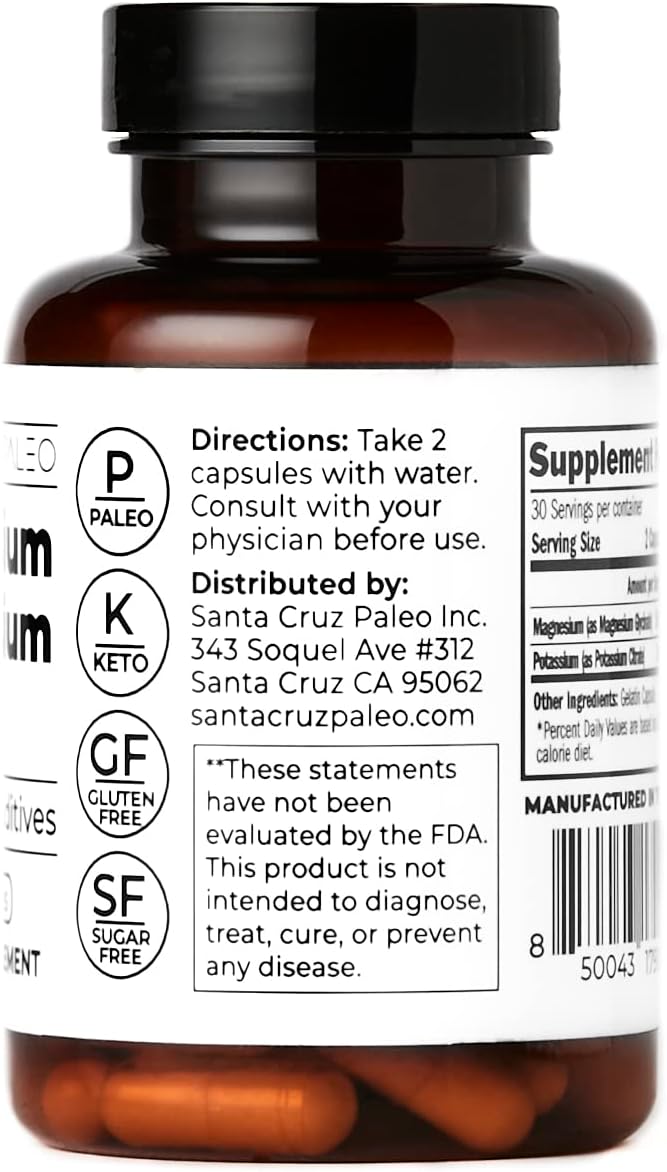 Santa Cruz Paleo Magnesium Potassium Capsules: Supports Overall Health, Brain, Muscle, Bone, and Energy - Gluten Free, Keto, Sugar Free - 60 Capsules