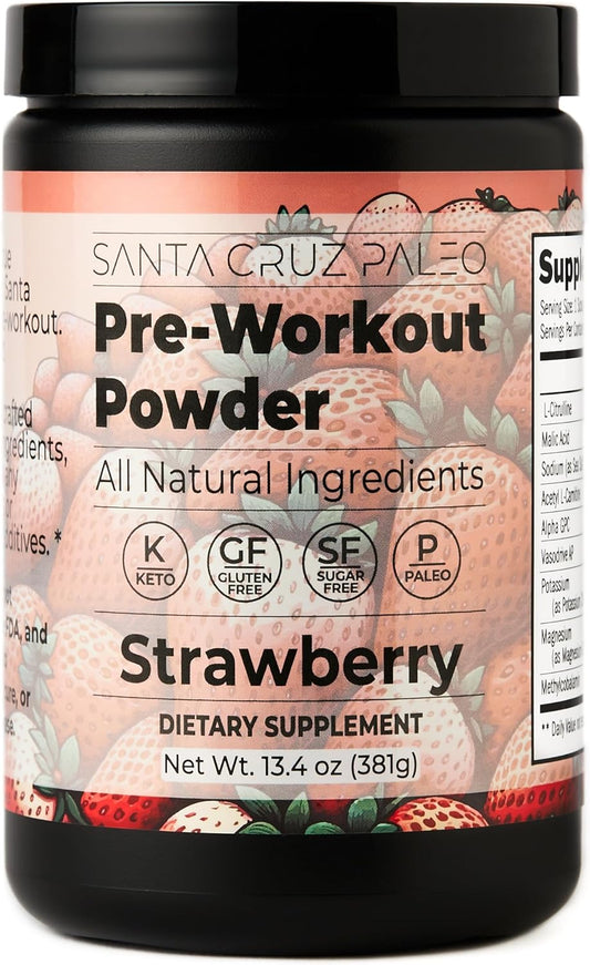 Santa Cruz Strawberry Paleo Pre Workout Powder with Electrolytes for Energy & Hydration, Caffeine-Free, Sugar-Free - 30 Servings
