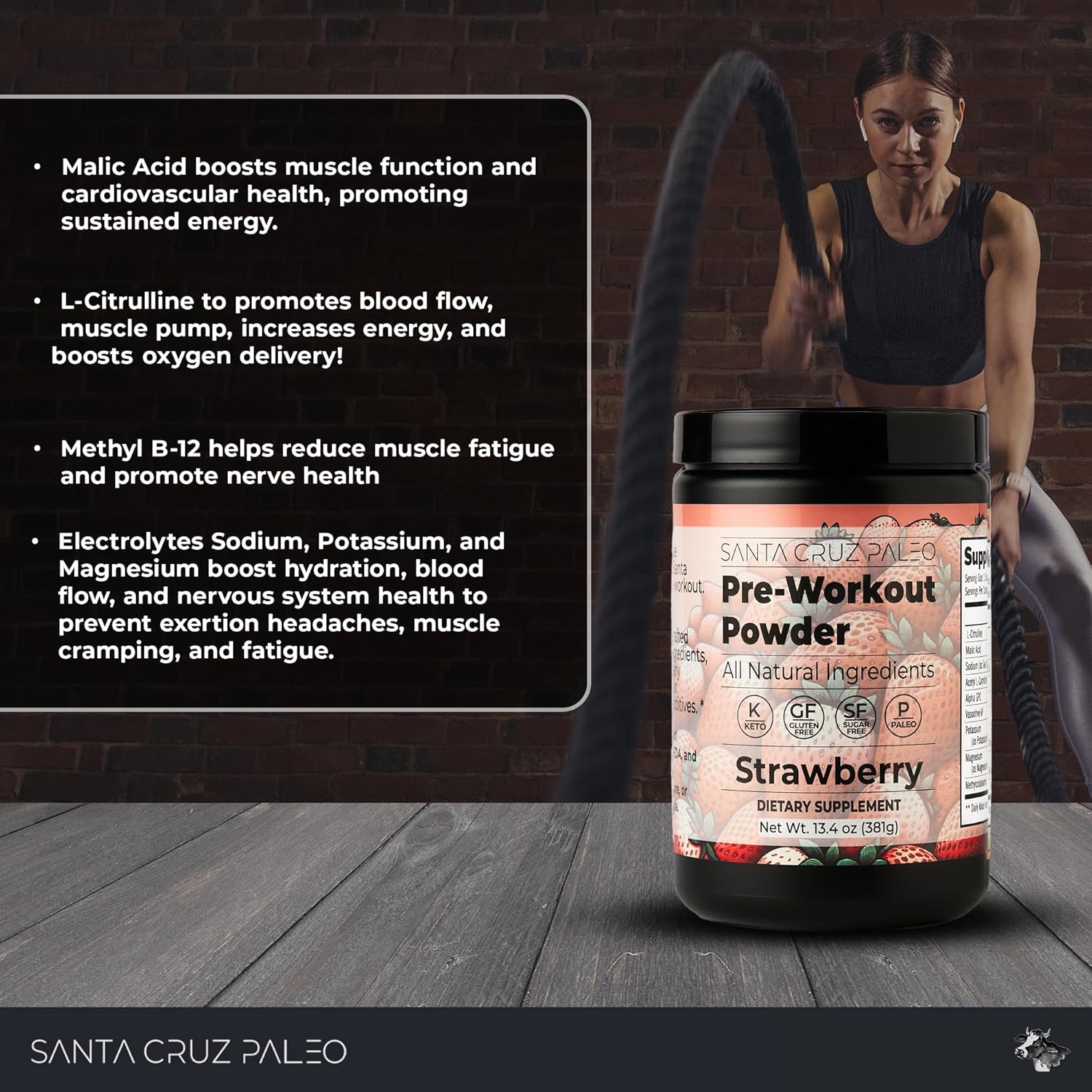 Santa Cruz Strawberry Paleo Pre Workout Powder with Electrolytes for Energy & Hydration, Caffeine-Free, Sugar-Free - 30 Servings