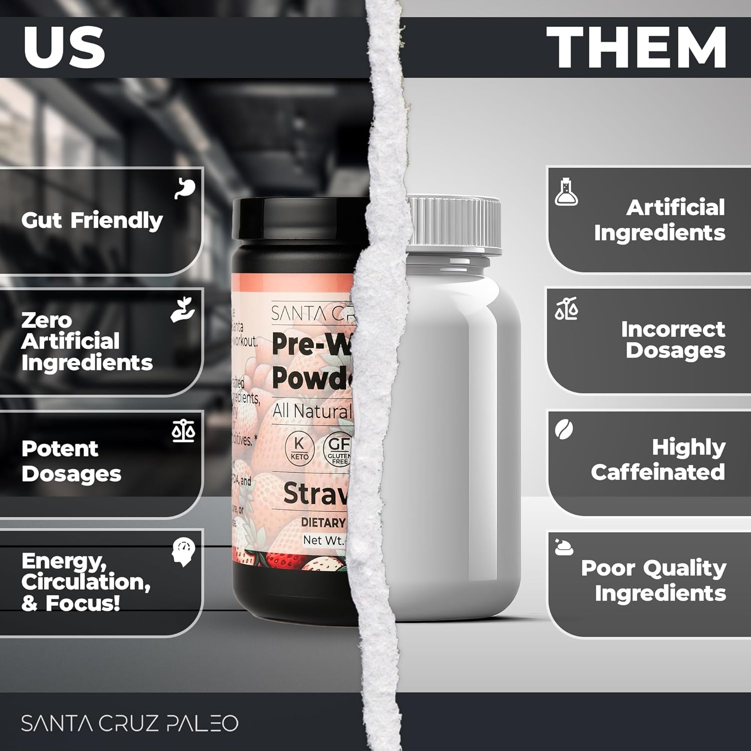 Santa Cruz Strawberry Paleo Pre Workout Powder with Electrolytes for Energy & Hydration, Caffeine-Free, Sugar-Free - 30 Servings