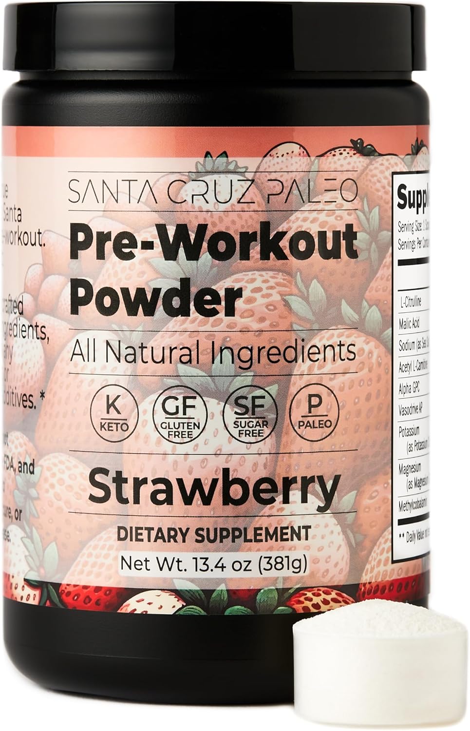 Santa Cruz Strawberry Paleo Pre Workout Powder with Electrolytes for Energy & Hydration, Caffeine-Free, Sugar-Free - 30 Servings