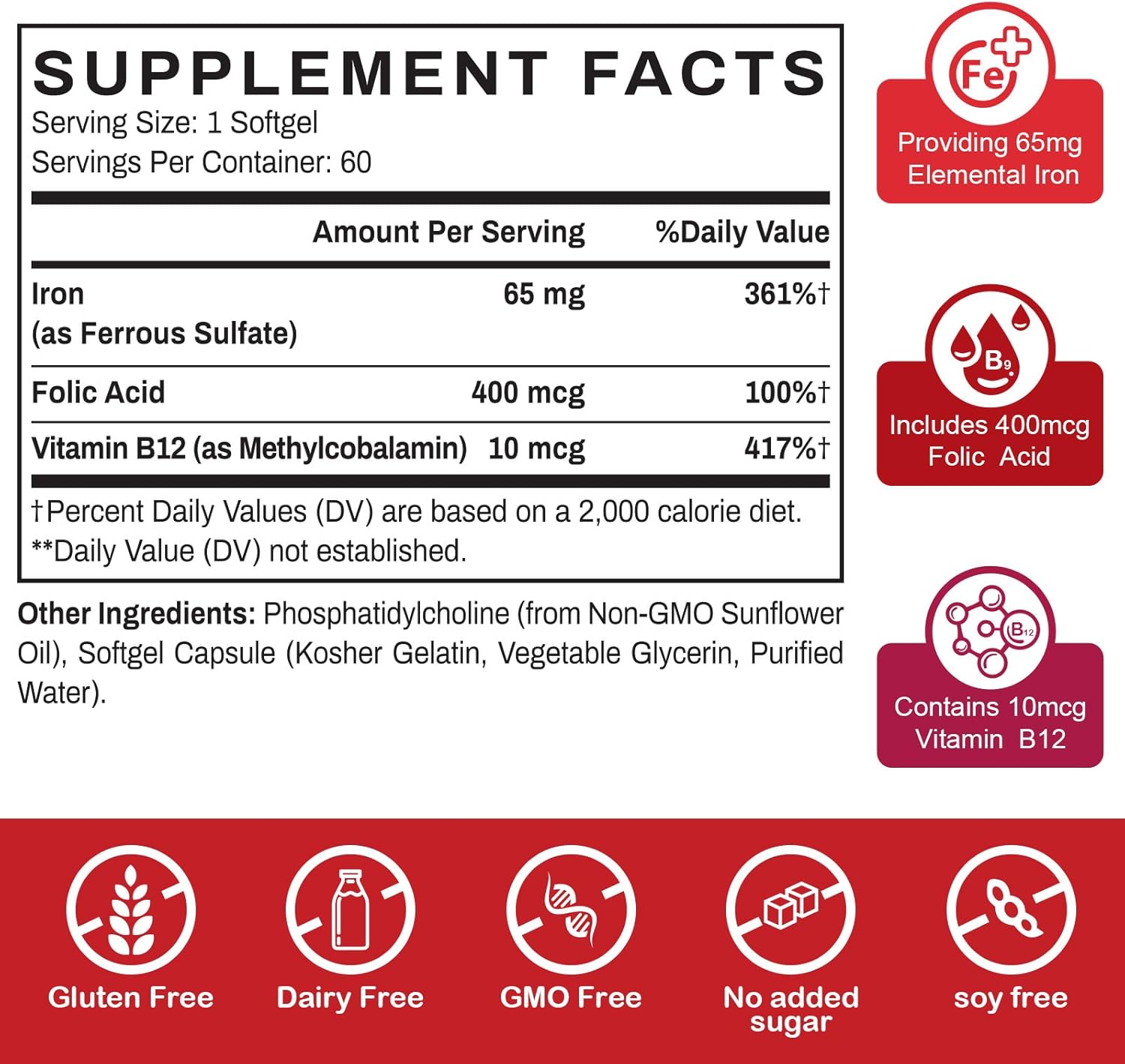 Sapotax Liposomal Fe Iron Supplement for Adults - 65mg Iron, Folic Acid, Vitamin B12 - Red Blood Cell Production & Energy Support - 60 Softgels