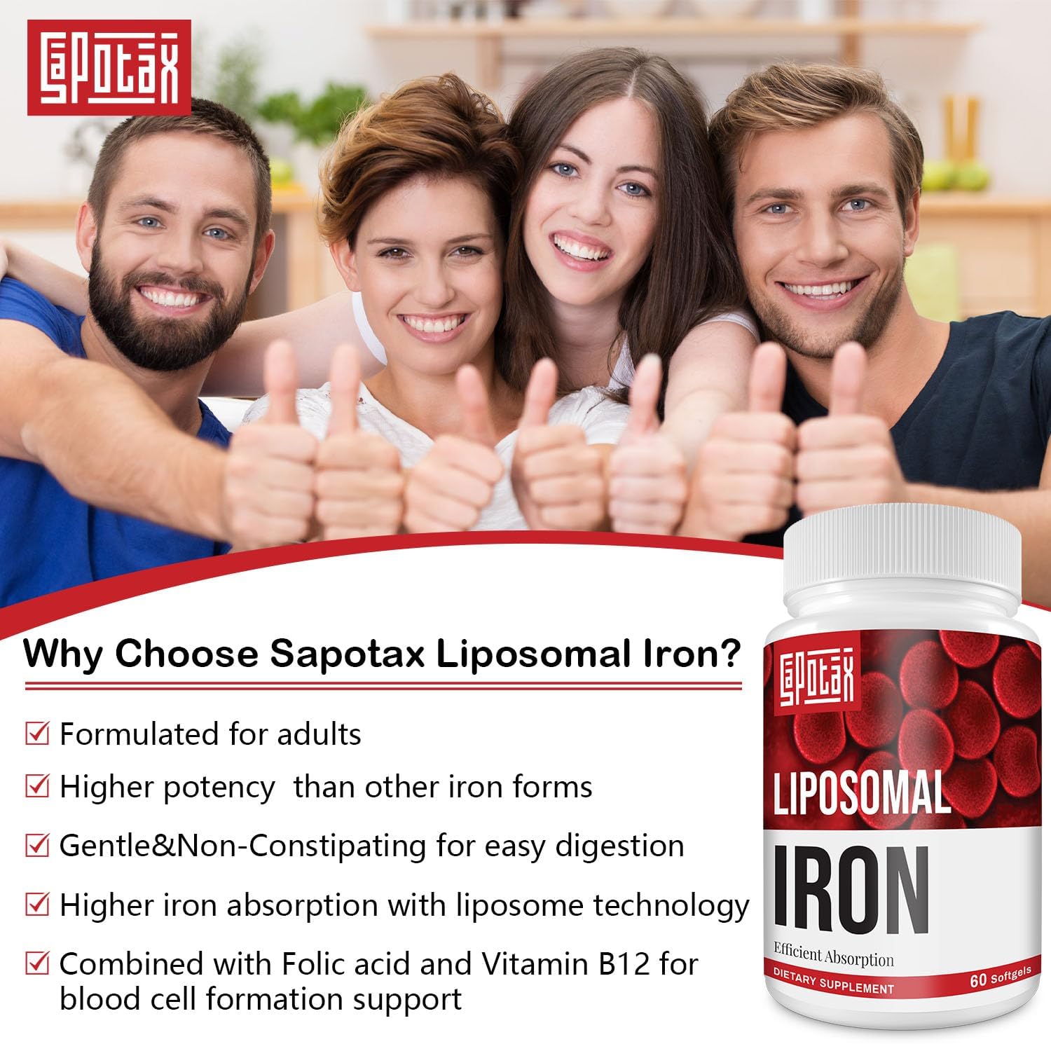Sapotax Liposomal Fe Iron Supplement for Adults - 65mg Iron, Folic Acid, Vitamin B12 - Red Blood Cell Production & Energy Support - 60 Softgels