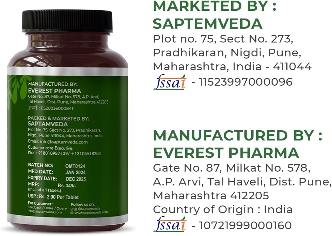 SAPTAMVEDA Moringa Leaf Tablets - 120 Tablets, 500mg Each | Natural Multi-Vitamin Supplement with Anti-Oxidants | Immunity Booster and Hair & Skin Health Support | Sourced from Indian Farms