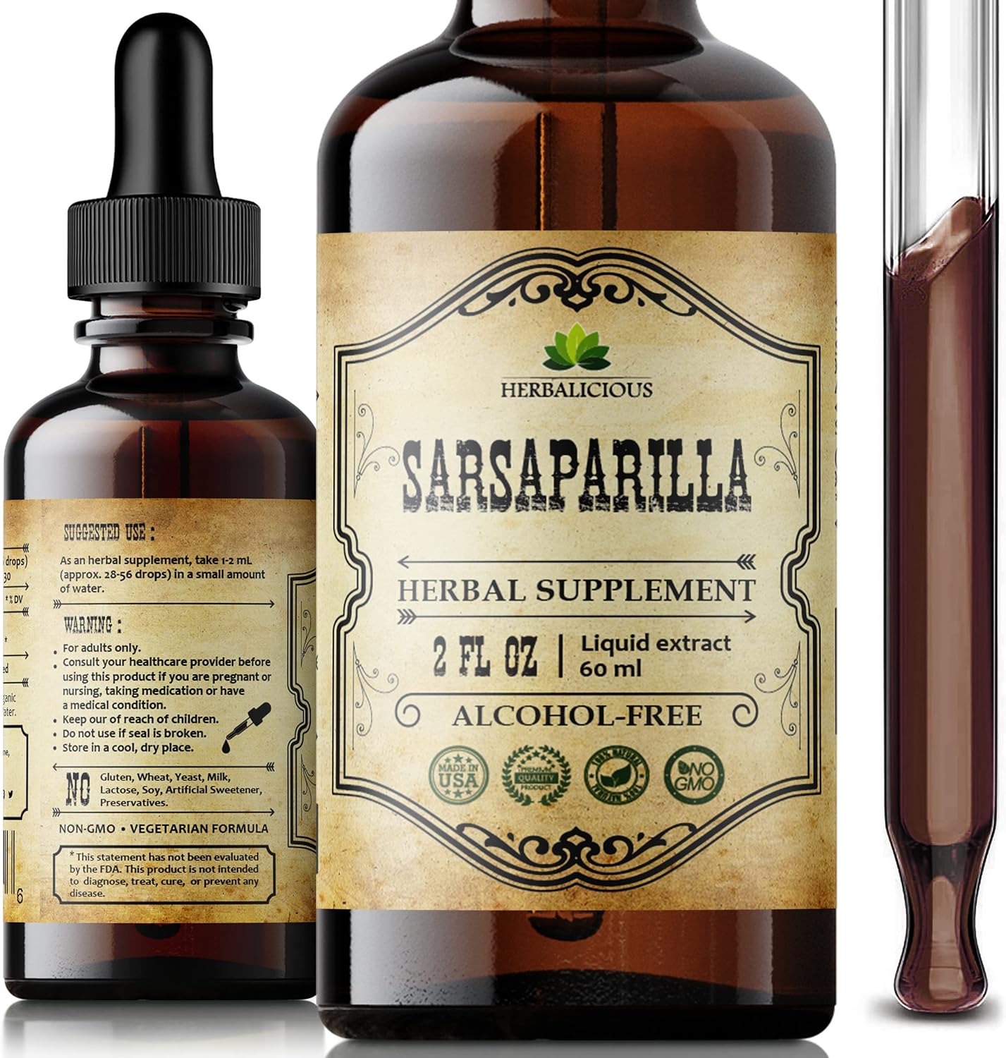 Sarsaparilla Extract (Hemidesmus indicus) Herbal Supplement for Immunity, Skin & Wellness - Non-GMO - Gluten-Free - Made in USA - 2 Fl Oz