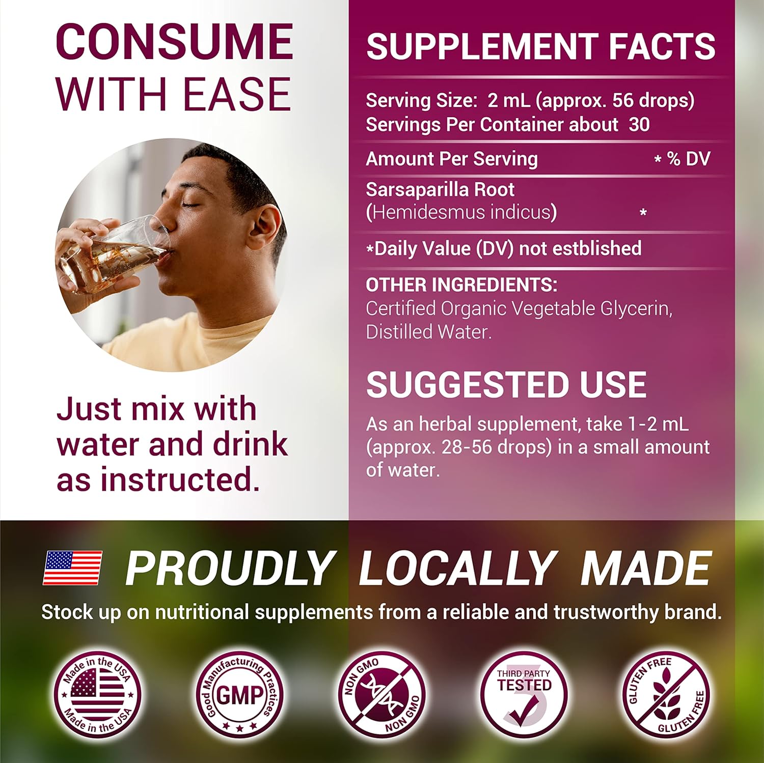 Sarsaparilla Extract (Hemidesmus indicus) Herbal Supplement for Immunity, Skin & Wellness - Non-GMO - Gluten-Free - Made in USA - 2 Fl Oz